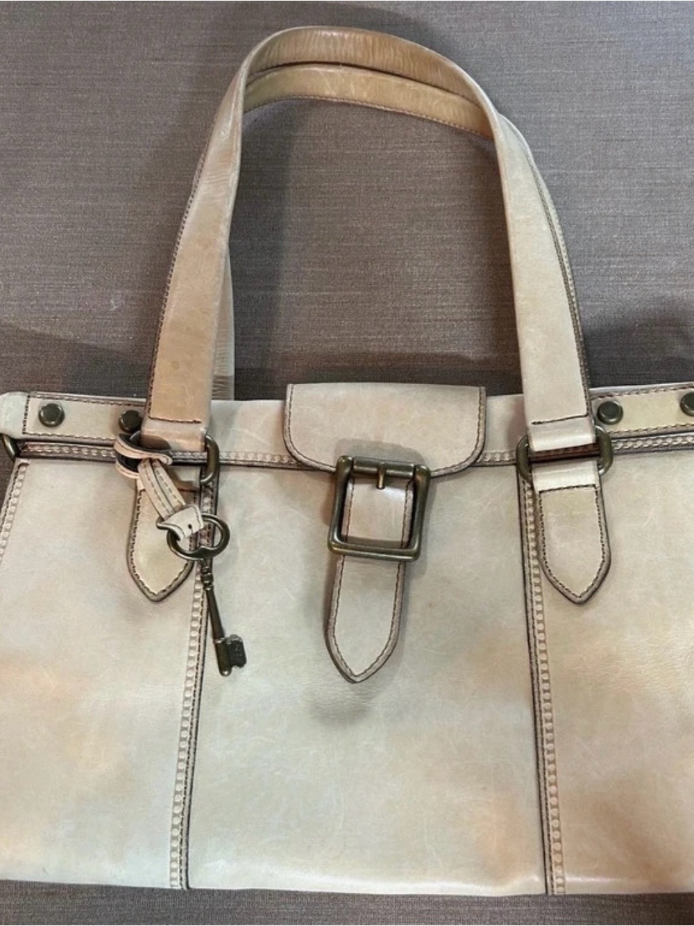 Fossil Light Beige Leather Shoulder Bag with Buckle